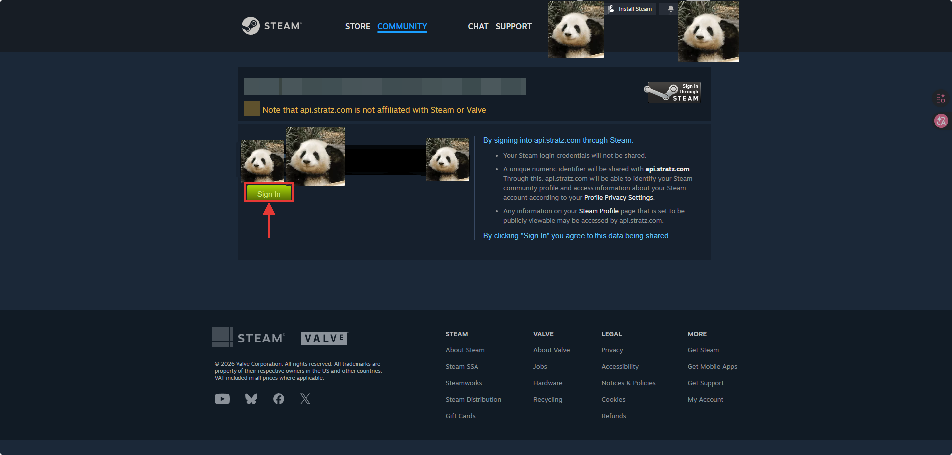 Steam 授权登录页，绿色 Sign in 按钮
